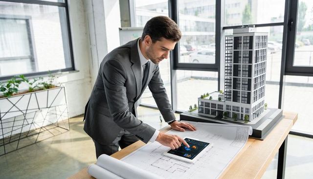 Architect examining high-rise model and blueprints using tablet in modern sunlit office