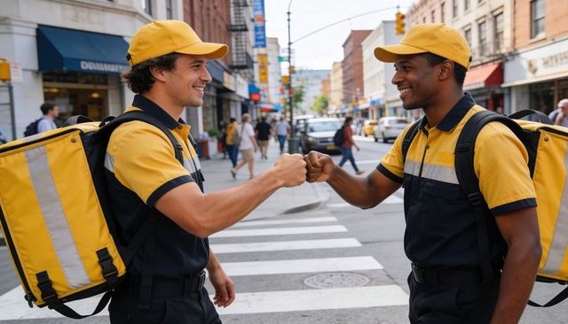 Urban delivery couriers fist-bumping on crosswalk with yellow backpacks and uniforms