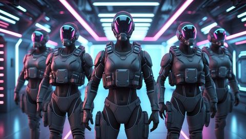 Armored bodyguards in neon corridor with futuristic technology