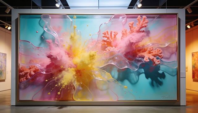 Coral colorburst painting showcasing turquoise backdrop, gold frame, powder splash