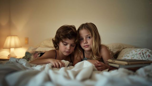 Lying preteen sisters cuddling on bed during cozy bedtime routine with lamp and books