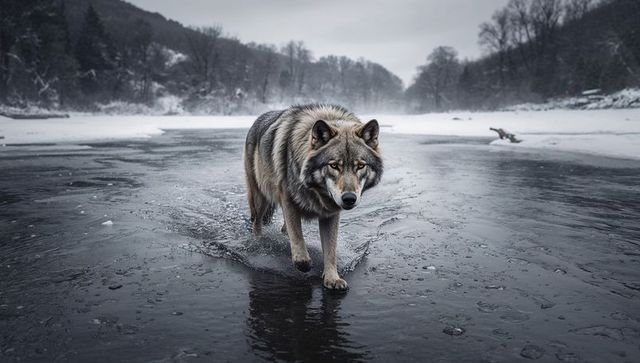 Solitary gray wolf walking across partially frozen river in misty winter valley