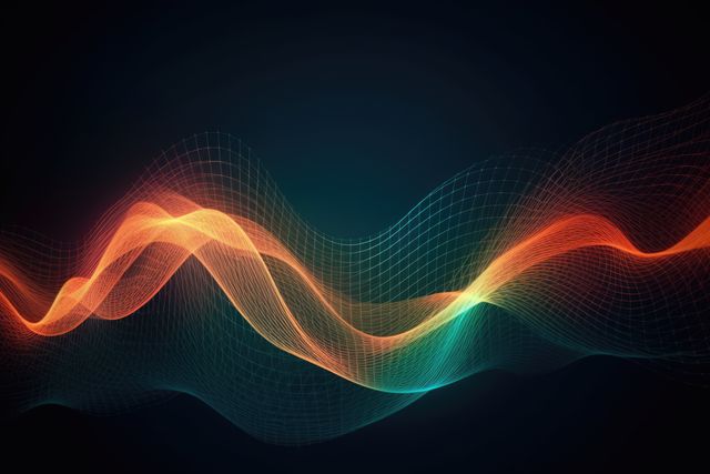 Colorful abstract waveforms flow across a dark background, creating a modern and vibrant visual. Perfect for use in technology-related designs, digital art pieces, or dynamic backgrounds for websites and presentations.