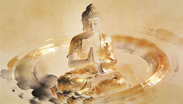 Golden buddha sitting in meditative pose with radiant lotus halo on aged parchment