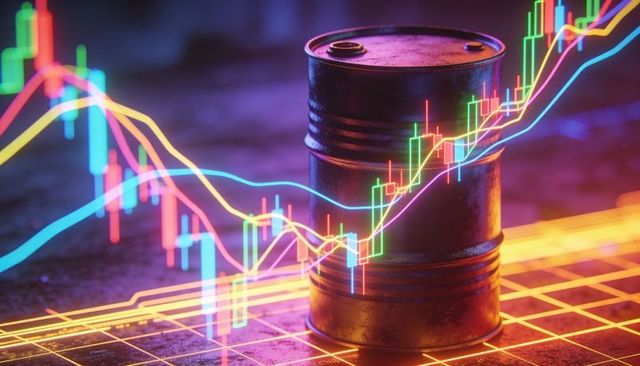 Crude Oil Market Candlestick Charts Overlaying Weathered Steel Barrel on Neon Grid