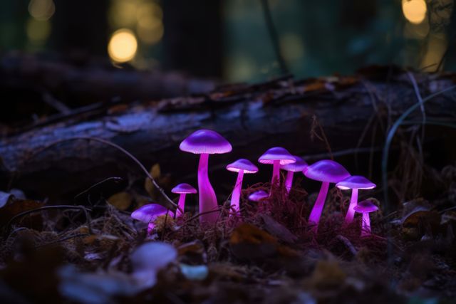 This image illustrates a captivating scene of glowing purple mushrooms in an enchanted forest at night. The bioluminescent fungi create a mystical and magical atmosphere in the woodland. Ideal for use in fantasy and fairy tale themes, nature documentaries, or environmental conservation campaigns. It can be utilized in blogs, social media posts, and articles related to the mysteries of nature or even for creative writing prompts and book covers.