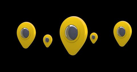 Floating yellow map pins on black background illustration