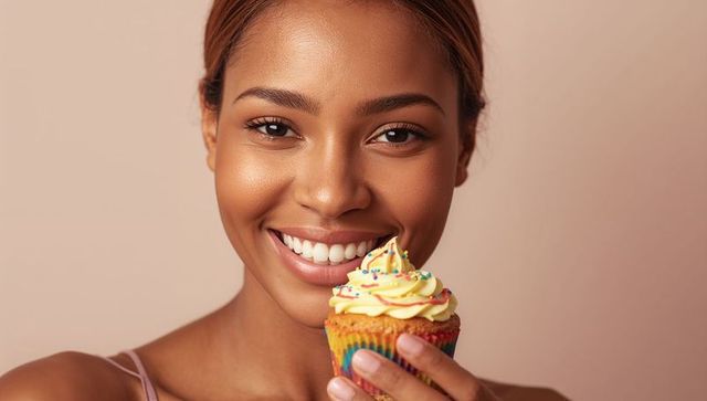 Smiling Woman Holding Colorful Cupcake in Studio