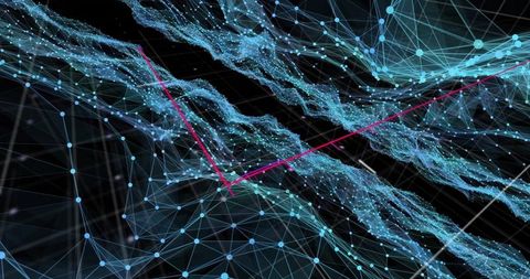 Abstract Digital Network with Pink Arrows in Futuristic Mesh Design