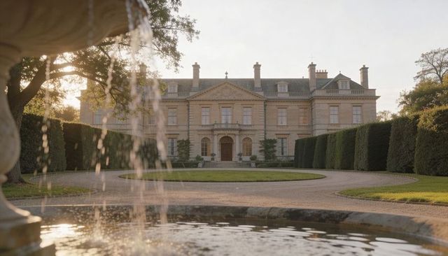 Neoclassical stone mansion at golden hour with foreground fountain and curved drive
