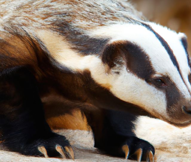 Close-up view of an Eurasian badger in its natural habitat. Ideal for wildlife documentaries, environmental conservation articles, educational materials about mammals, and nature enthusiast blogs.