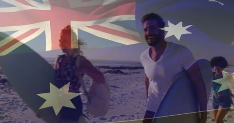 Joyful Friends Surfing with Australian Flag Overlay