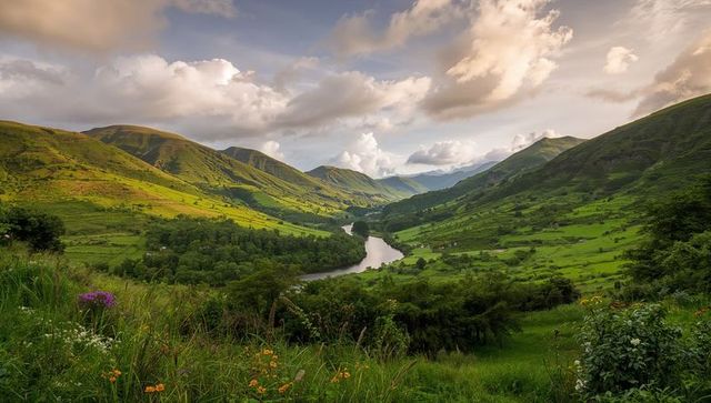 Winding river through lush green valley with rolling hills and meadow wildflowers