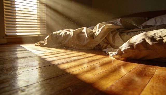 Morning Sunbeams Casting Warm Stripes on Wooden Floor with Rumpled Duvet and Pillow