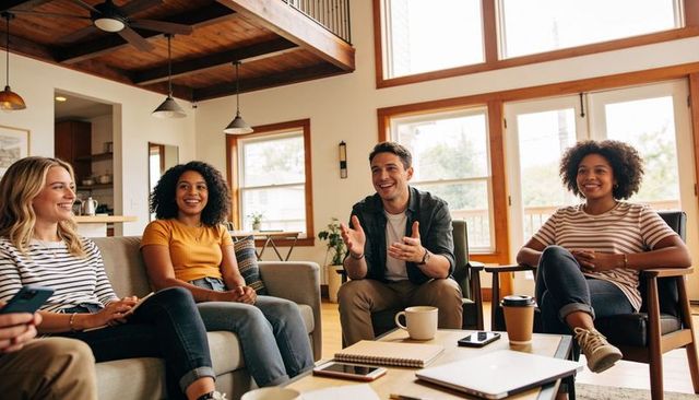 Young adults having relaxed group discussion around coffee table in living room