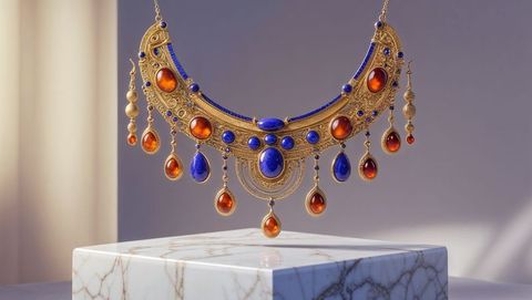 Luxurious Gold Filigree Necklace with Lapis Lazuli and Amber Gemstones