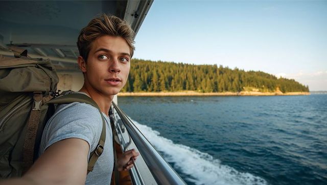 Young traveler taking selfie on ferry with backpack and coastal island view at golden hour