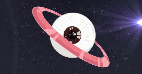 Surreal Giant Eyeball with Pink Ring Floating in Cosmic Space