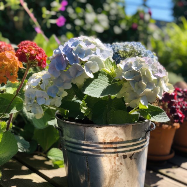 Colourful hydrangeas in metal planter in sunny garden, created using generative ai technology. Flowers, plants, growth, spring, nature and gardening concept digitally generated image.