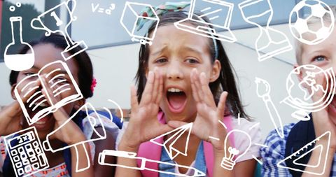 Creative Learning: Excited School Children with Educational Icons