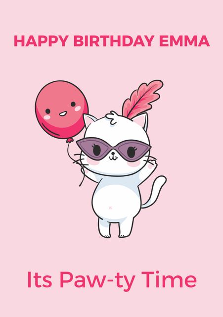 Charming cartoon cat holding a smiling red balloon on a pink background. 'Happy Birthday Emma' and 'It's Paw-ty Time' text make this ideal for personalized birthday invitations, greeting cards, and kids' party decorations. Perfect for creating a fun and festive atmosphere for cat lovers and children's birthdays.
