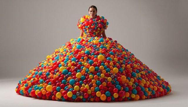 Modeling in voluminous couture gown made of thousands of multicolored plastic spheres