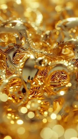 Pulling Back Camera Revealing Gold Rings and Chains with Reflective Filigree and Bokeh