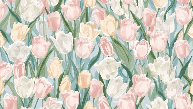 Painterly pastel tulip seamless pattern, brushstroke floral repeat for wallpaper & fabric