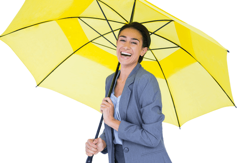 Transparent businesswoman holding yellow umbrella smiling