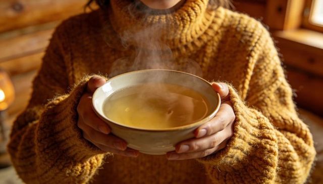Cradling warm bowl of tea in mustard knit sweater at rustic cabin interior