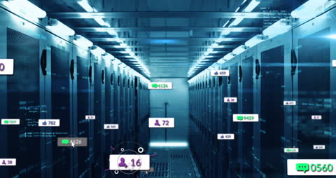 Digital Interfaces Over a Futuristic Server Room