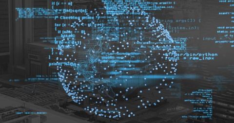 Holographic Data Globe Hovering Over Server Racks Visualizing Global Network Traffic