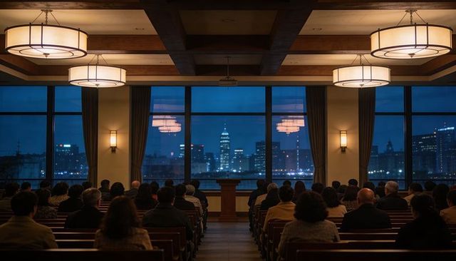 Audience listening to evening city skyline from chapel auditorium with central lectern