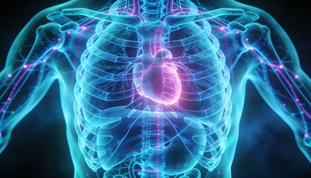Translucent Thorax Revealing Glowing Heart with Cyan Rib Cage and Magenta Neural Pathways