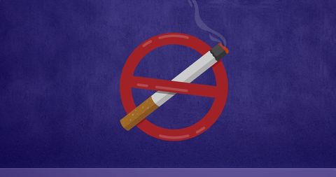 No smoking sign with cigarette and cross symbol on purple background