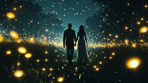 Lovers walking through firefly-lit meadow at dusk