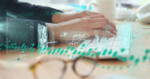 Woman typing on keyboard with holographic data overlays, analytics and tech visualization