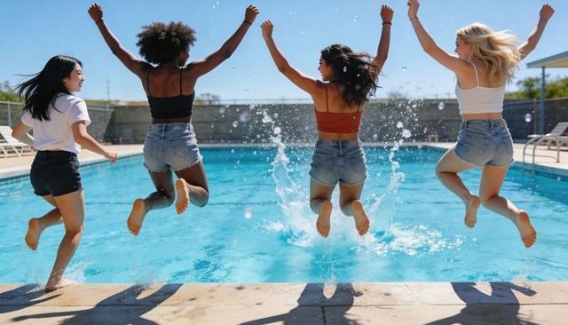 Four friends jumping into pool creating large splash on sunny summer day