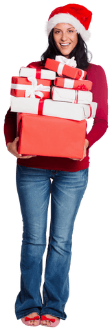 Woman Holding Stack of Gift Boxes in Santa Hat on Transparent Background