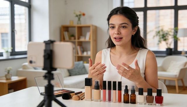 Beauty vlogger presenting makeup tutorial on smartphone tripod with cosmetics display