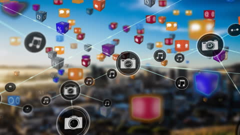 Floating Social Media Icons Over Cityscape