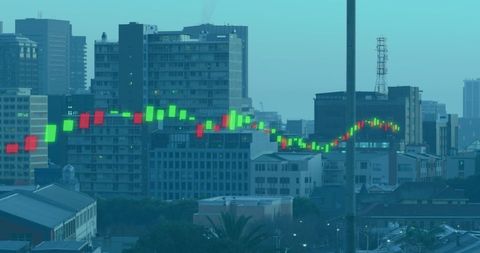 Glowing Financial Data Over Urban Skyline Integrates Innovation and Commerce
