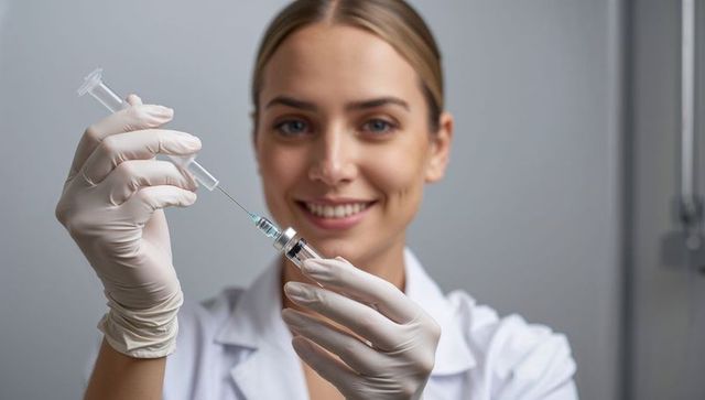 Female clinician preparing vaccine syringe with gloved hands and lab coat close-up smiling