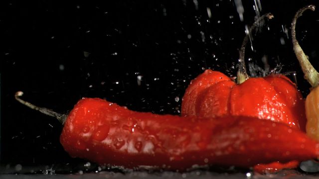 Dynamic visual showing water droplets spraying on vibrant red chillies. Ideal for use in culinary blogs, food product advertisements, and kitchen decor themes. Emphasizes freshness and dynamic presentation in food photography.