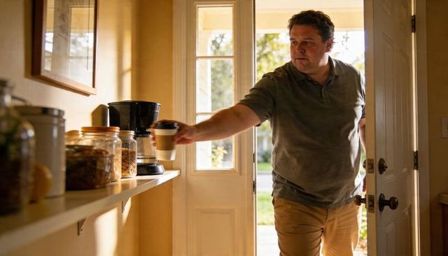 Sunlit morning doorway man reaching for takeaway coffee on kitchen shelf near coffee maker