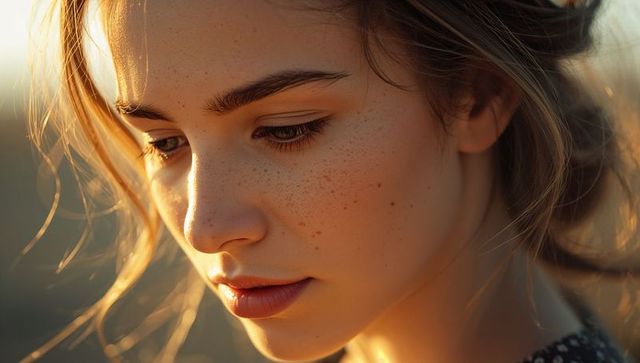 Gazing young woman with freckles in golden hour light soft beauty close-up portrait
