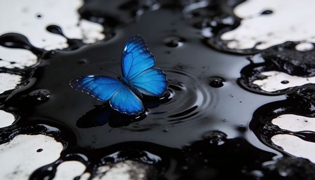 Iridescent blue butterfly perching on black liquid ripple over white perforated surface