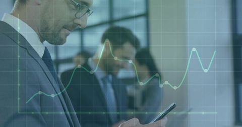 Businessman checking smartphone with financial chart overlay, corporate analytics insights