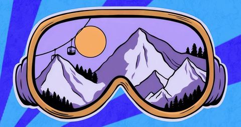 Ski goggles reflecting mountain peaks illustration