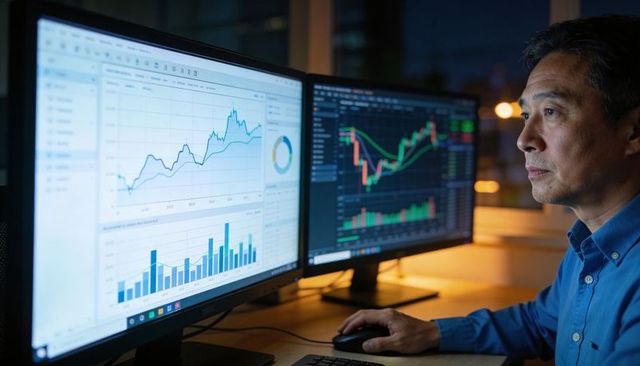 Financial analyst analyzing dual-monitor stock charts and market dashboards late-night